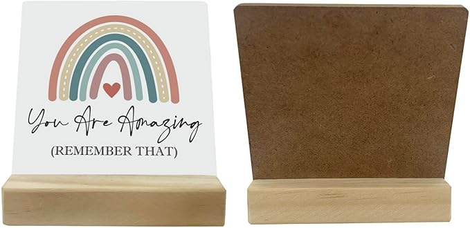 Primitive Wooden Sign, You are Amazing Remember That, Desk Plaque with Wooden Stand 4 x 4.3 inches, Rustic Home Decor, Farmhouse Sign, Inspirational Quotes Gifts for Friend Family, Cheer Up Gift