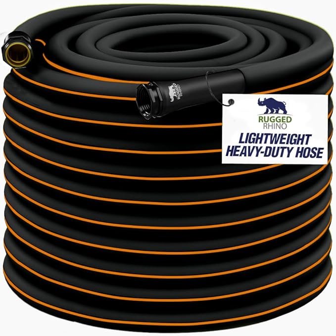 Rugged Rhino Heavy Duty Flexible Light Weight Garden Hose, 100ft x 5/8in, 4 Layer Leakproof Outdoor Gardening Tools, Watering Supplies, Powerful Water Pressure for Lawn, Flowers, Black Orange