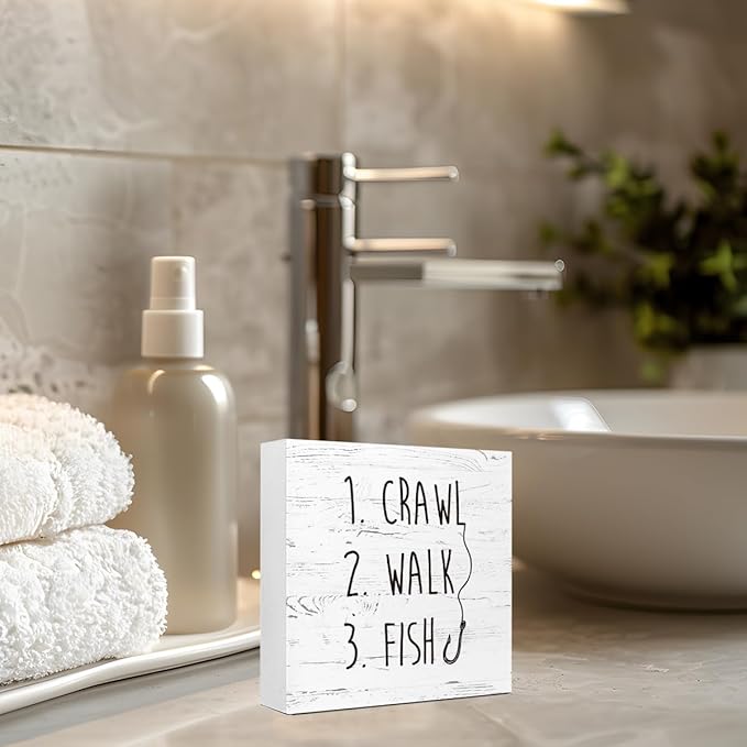 White Crawl Walk Fish Rustic Wooden Sign Desk Decor, Funny Baby Fishing Wood Block Sign for Home Bedroom Baby Room Shelf Table