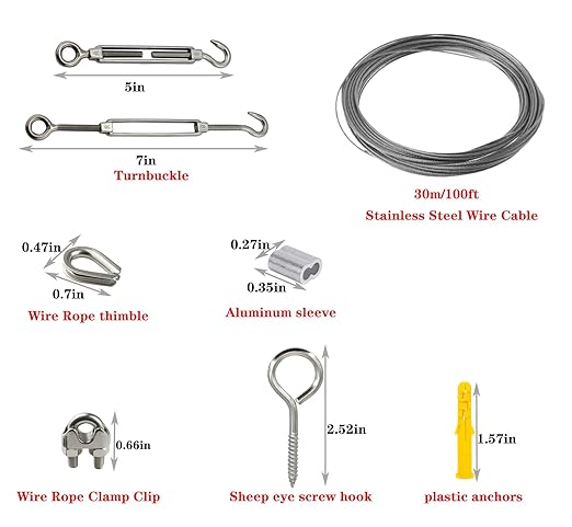 1/16 Wire Rope Kit,Vinyl Coated Aircraft Cable,7x7 Strand Core with Turnbuckles,Crimping Loop Sleeve,Cable Clip Clamp for String Light Hanging,Garden Wire,Clotheslines