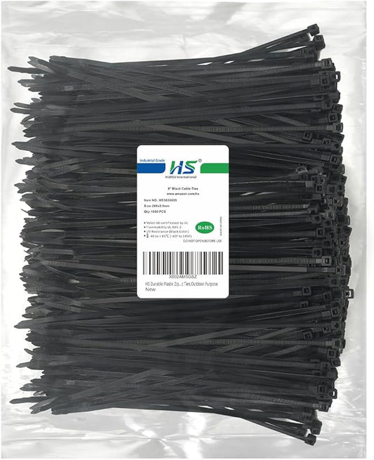 HS Durable Plastic Zip Ties 8 Inch (Bulk-1000 Pack) UV Rated Black Cable Ties 40 Lbs Self-Locking Wire Ties Width 1/8 Inch,Outdoor Purpose