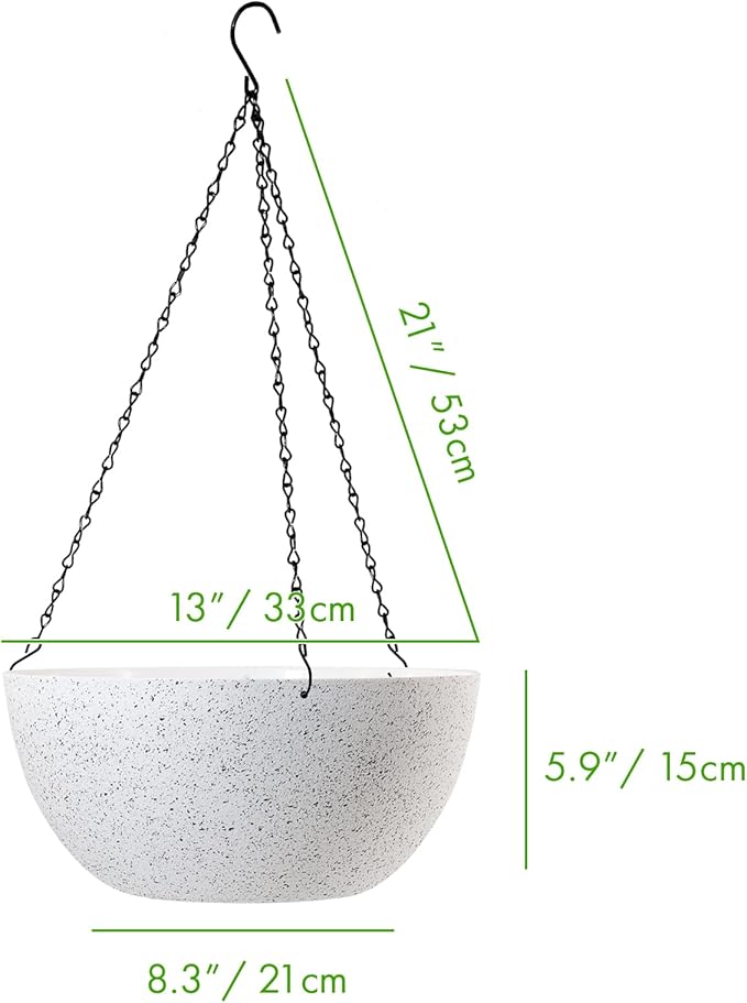 WOUSIWER 13 inch 2Pack Large Hanging Planters for Outdoor Indoor Plants with Drainage Holes and Chain, Round Hanging Flower Pots for Garden Home Porch Decor, White Speckles