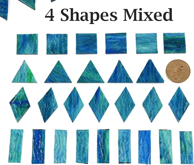 200g Transparent Mosaic Glass Tiles, Large Stained Glass Pieces for DIY Mosaic Craft Supplies, 4 Shapes Mosaic Glass Tiles for DIY Mosiac Present, Pond Water Blue