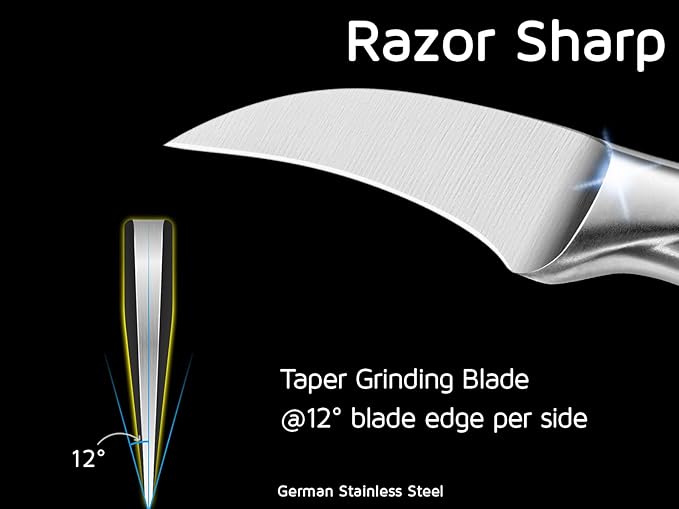 WELLSTAR 2.5 Inch Birds Beak Paring Knife, Sharp High Carbon Stainless Steel Curved Blade for Fruit and Vegetable Peeling Garnishing Cutting – Silver