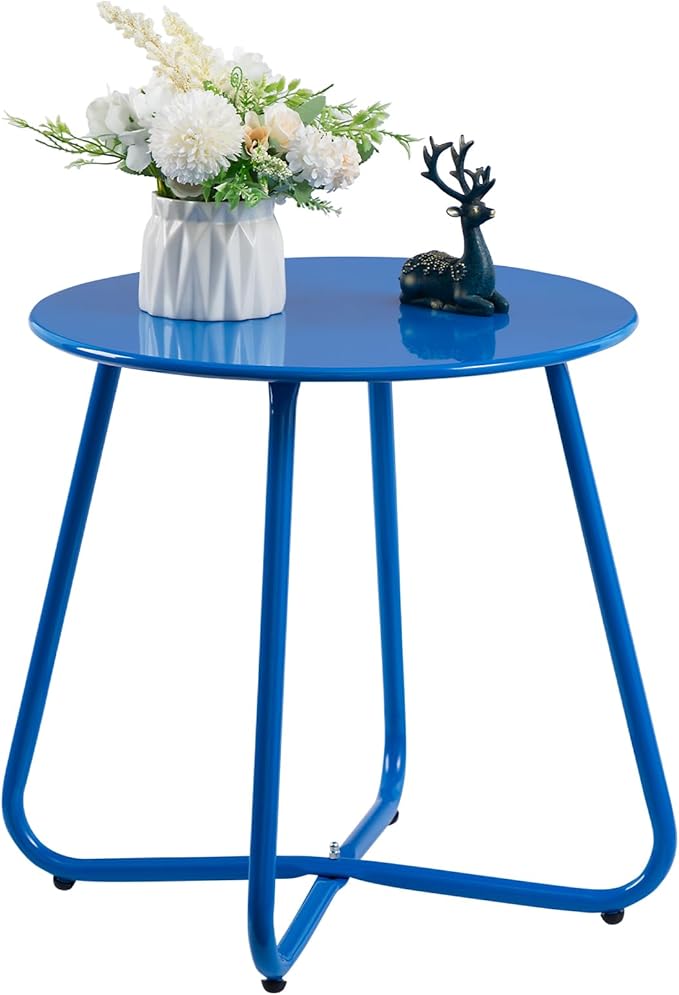 HollyHOME Round Metal Side Table, Rust-Resistant Patio Small Plant Stand, Outdoor 17.32'' Portable End Table for Balconies, Gardens, Living Rooms and Bedrooms, SkyBlue