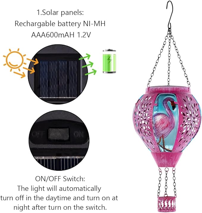 Starsoul Pink Hot Air Balloon Solar Lantern Flamingo Metal & Glass Solar Hot Air Balloon Hanging Garden Light Waterproof Outdoor Lantern for Patio Yard Party Decor