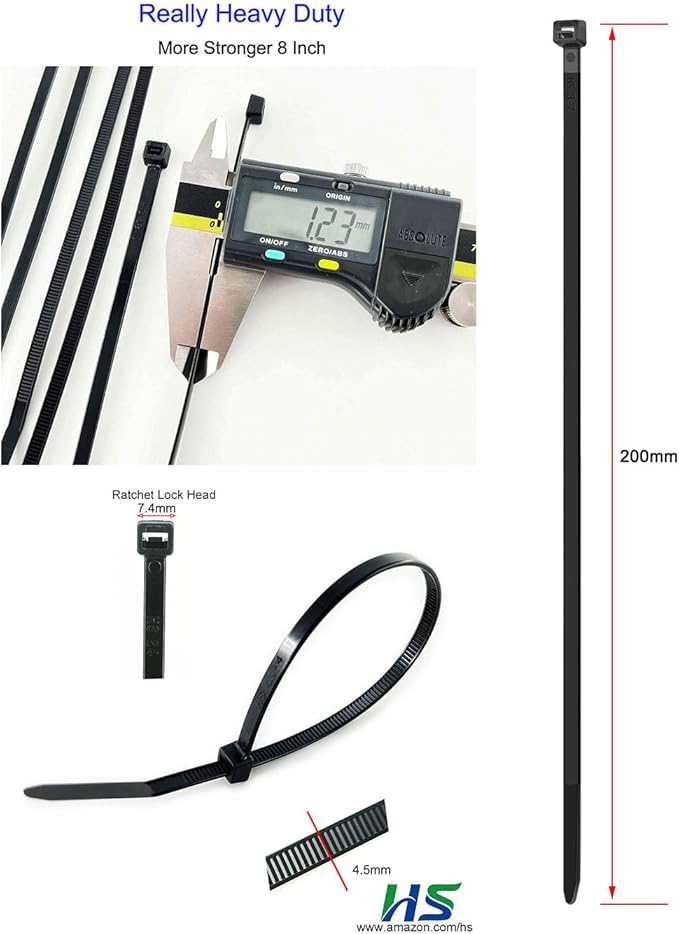 HS Strong Fuel Hose Zip Ties 8 Inch x 3/16" (Bulk-500 Count) UV Black Cable Ties 50 Pounds Heavy Duty Self-Locking Strap Ties for Automotive,Outdoor Fence Purpose