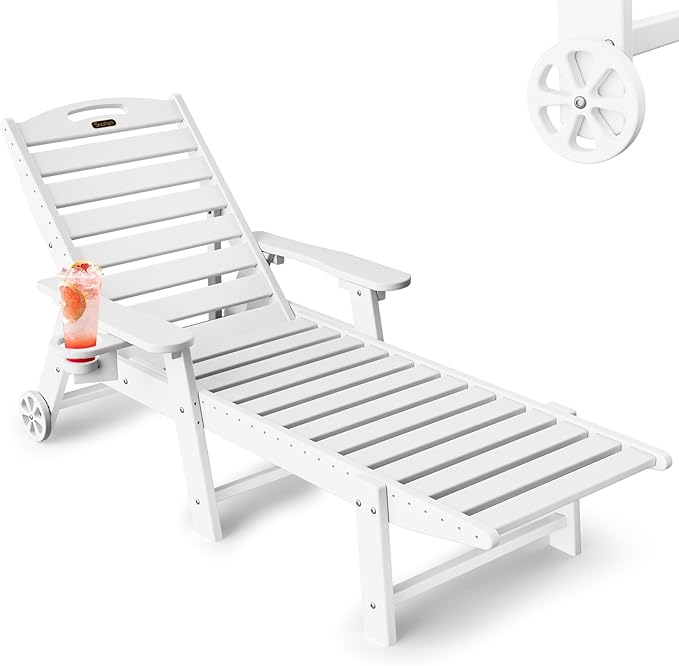 Lounge Chair Outdoor, Chaise Lounge Outdoor, HDPE 6-Position Lounge Chair for Outside, Patio Lounge Chair with Wheels & Cup Holder for Pool Poolside Deck Backyard, White