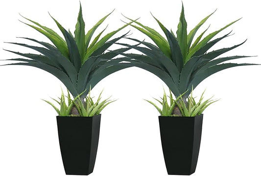 Artificial Spiked Agave Plant 2.5ft, 30 Inch Tall Fake Aloe Vera Plants in Black Pot, Fake Floor Plant Indoor Outdoor for Front Porch Patio Home Office Door Step Decor 2PCS