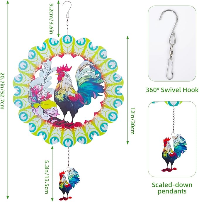 Wind Spinners Outdoor, FACIACC Rooster Metal 3D Hanging Garden Decor, 12-inch Stainless Steel Wind Spinner with Tail Spinner, Wind Sculptures for Indoor Patio Lawn Yard, Ornament Gift for Women/Men