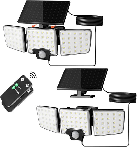 Lepro Solar Security Lights - Outdoor Motion Sensor, 2 in 1 Remote Control, IP65 Waterproof, 2 Light Modes, 3 Head Solar Floodlight for Garden, Yard, Garage