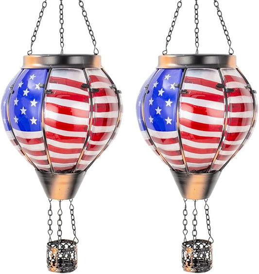 2PCS Flag Solar Hot Air Balloon Lantern with Flame Flickering Light,Glass Hot Air Balloon Solar Lanterns Outdoor Waterproof,Hanging Outdoor Light for Patio Yard Garden Birthday Gifts for Women