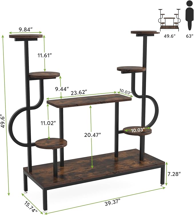 Tribesigns 8-Tier Metal Plant Stand, Large Tall Plant Shelf for Multiple Plants, Round & Square Boards, Wood Indoor Ladder Holder Flower Rack for Living Room, Patio, Balcony (Rustic Brown & Black)