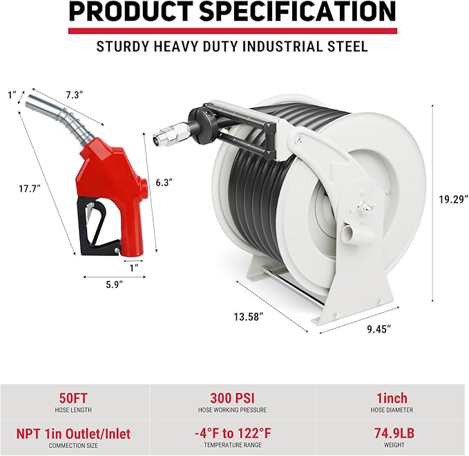 Diesel Fuel Hose Reel 1" x 50FT 300PSI Retractable Fuel Hose Reel Heavy-Duty Steel Ratchet Spring Driven Professional Diesel Hose Reel Auto Swivel Rewind with Fuel Nozzle for Vehicle Tank Truck Ship