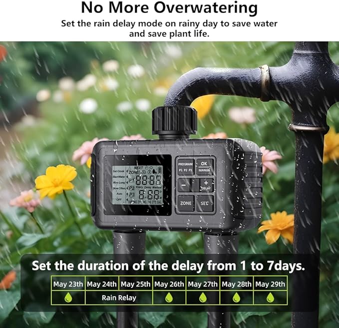 Uzoli SGW07 Sprinkler Timer, Water Timer for Garden Hose, Programmable Hose Timer 2 Outlet with Rain Delay, Manual, Auto System Controller, IP55 Waterproof Drip Irrigation Timer for Yard, Lawn, Pool