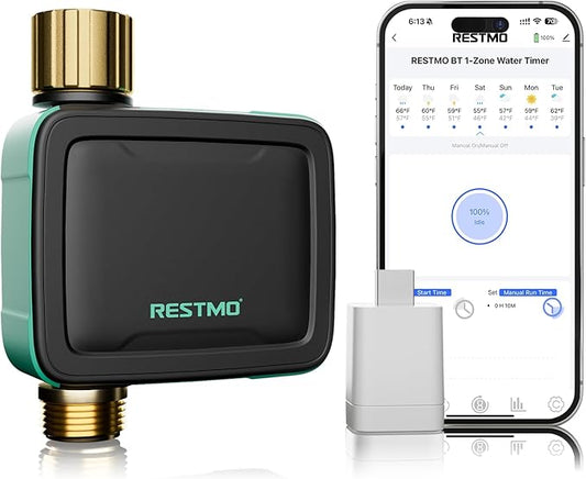 RESTMO Smart Sprinkler Timer with Flow Meter, Water Timer for Garden Hose, Brass Inlet & Outlet, Automatic Lawn & Yard Irrigation Watering System, APP Remote Control (2.4Ghz WiFi Connection)