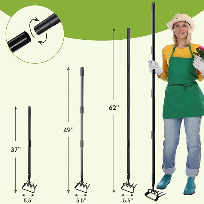 Weed Puller Gardening Tools, Hula Garden Hoe and 4 Tines Rake 2-in-1 Garden Tools for Weeding, Action Stirrup Hoe with 37"-62" Adjustable Long Handle for Lawn,Vegetable Garden Loose Soil and Weeding