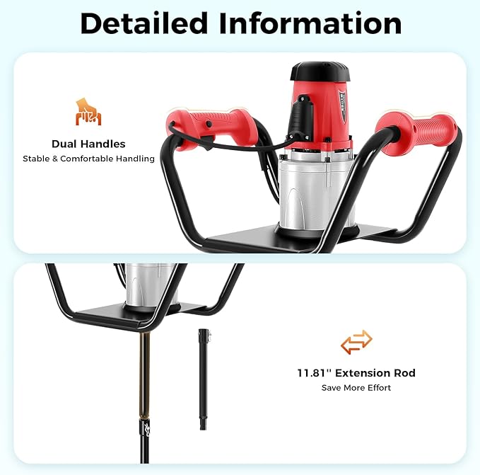 Post Hole Digger, 1500W Electric Post Hole Auger Earth Auger Digging Dril Digging Machine with 6" Digging Auger Bit and Extension Bar Set for Planting, Trenching in Garden (1500W,1x6" Drill)