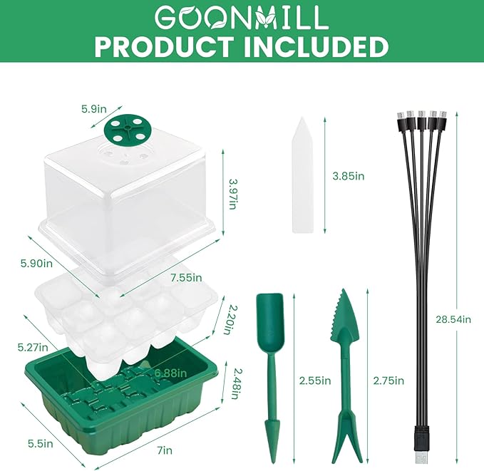 Seed Starter Tray with Grow Light, 5 Packs Plant Starter Tray Seedling Starter Kit with Humidity Domes Base Indoor Greenhouse Mini Propagator Station for Seeds Growing Starting (12 Cells per Tray)