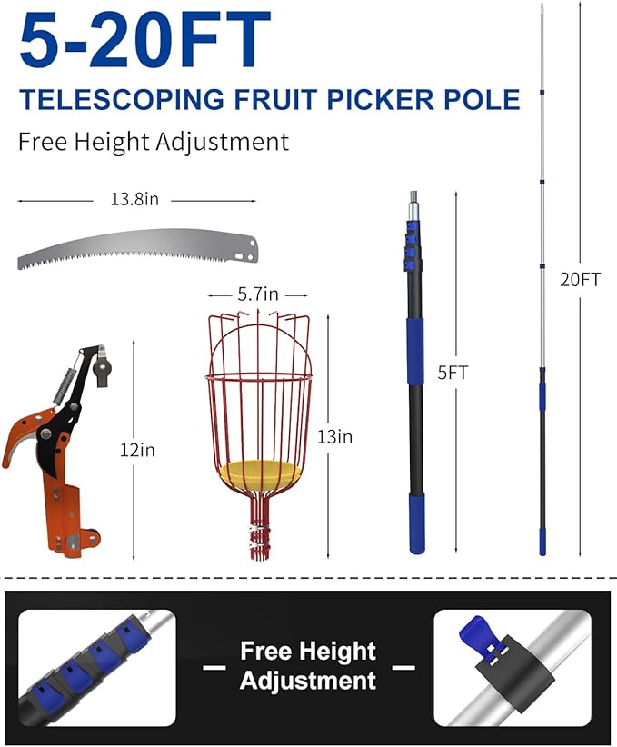 26FT Reach Pole Saw, Telescoping Tree Trimmer with 5-20FT Extension Pole, Sharp Steel Blade and Scissors, Fruit Picker, Extendable Long Handle Tree Pruner for Yard Garden Trees Palms Shrubs