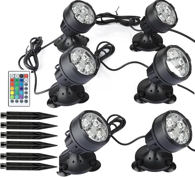 Pond Lights Colored, LED Fountain Lights RGB Outdoor Spotlight with Timer IP68 Waterproof Submersible with Spiked Stand for Garden Lawn Yard Water Landscape (Set of 6)