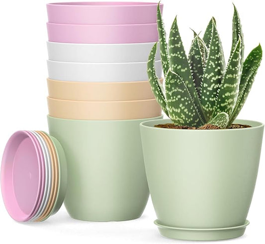 8 Pack 4 Inch Plant Pots with Drainage Holes and Saucers, Pots for Plant Indoor, Plastic Planters for Succulents and Small Plants, Colorful