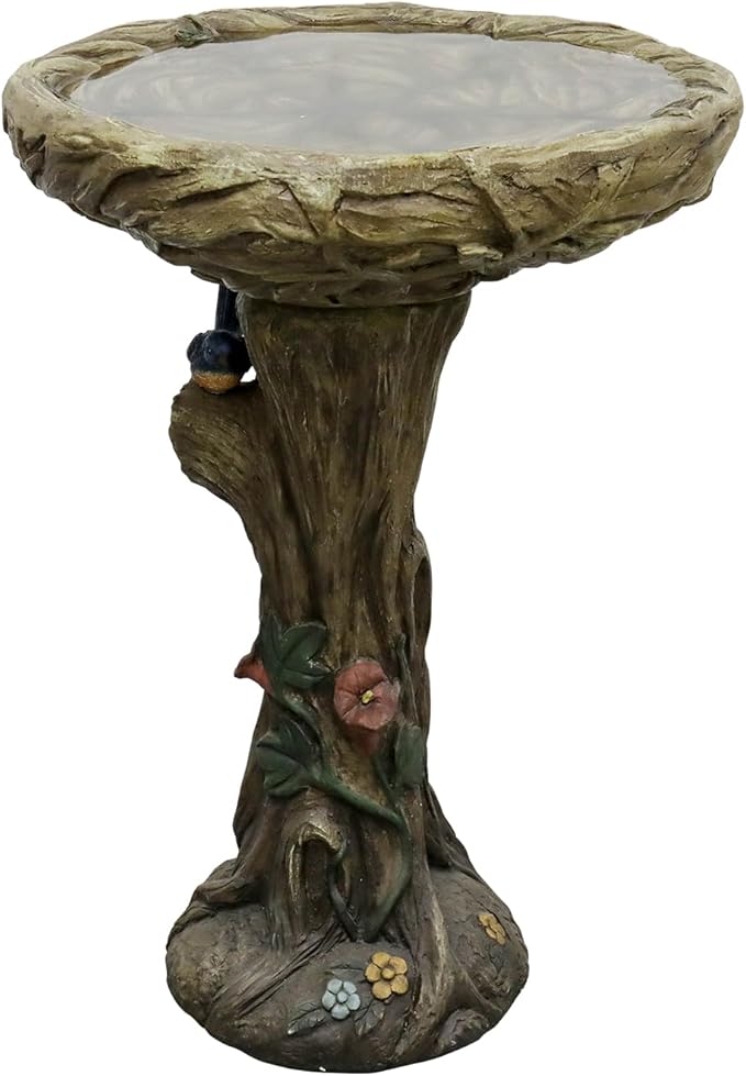 SKYFIRE 25.5” H Concrete Birdbaths for Outdoors -Large Woodland Tree Trunk Yard Statue Decoration，Vintage Birdbath with Bird Figurines Yard Statue for Garden, Patio, Lawn, Backyard