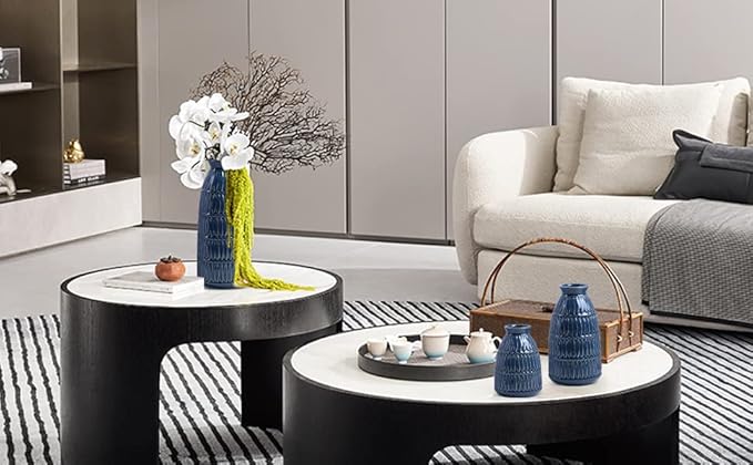 Yundu Navy Blue Ceramic Flower Vases for Home Decor Set of 3, Living Room Décor, Modern Farmhouse and Neutral Home Décor, Pmpas Grass Vase, Shelf, Mantle, Centerpieces Minimalist Décor