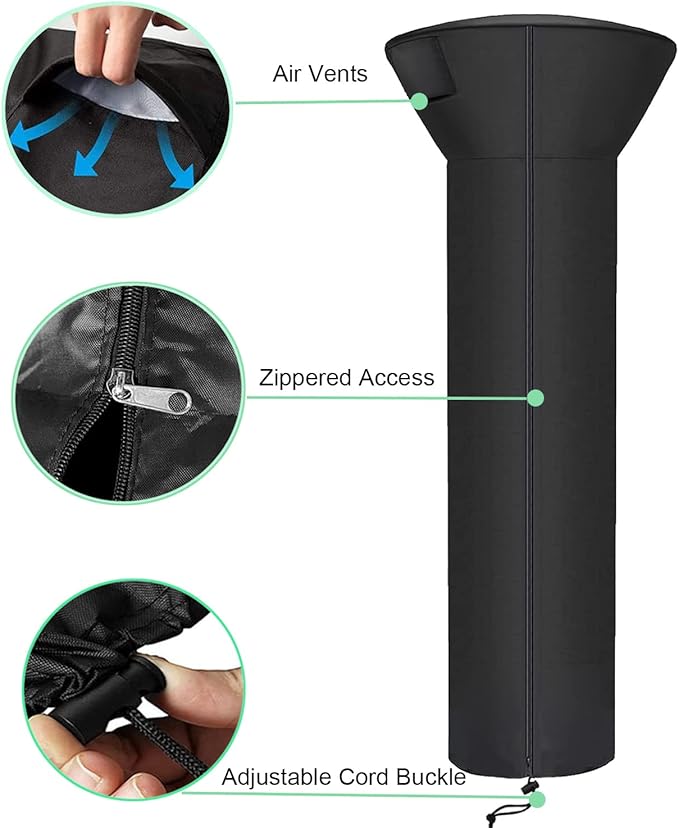 SIRUITON Patio Heater Covers with Zipper and Air Vent,Waterproof Outdoor Heater Cover, Dustproof,Wind-Resistant,UV-Resistant,Snow-Resistant,（89" Height x 33" Dome x 19"Base, 420D Black）