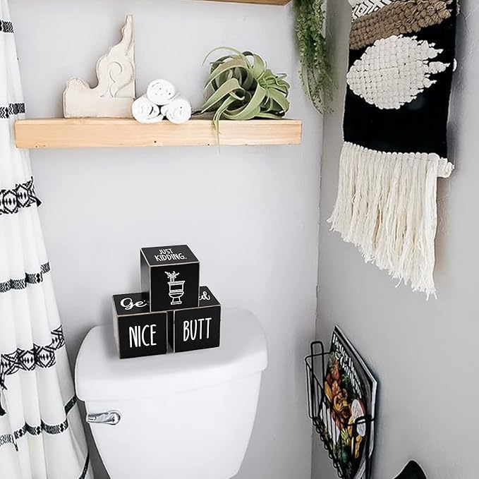 Farmhouse Black Bathroom Decor, 4-Sided Sign - Nice Butt&Get Naked&Hello Sweet Cheeks&Wash Your Hands Wooden Rustic Cute Funny Bathroom Decorations for Shelf Restroom, 2.8"