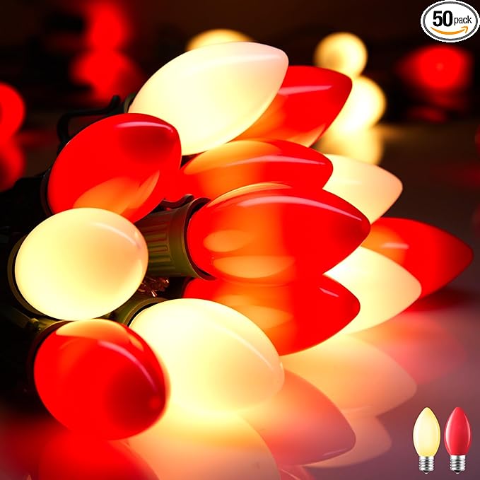 Vintage C9 LED Christmas Lights Outdoor, 50 Feet C9 String Lights with 50 Shatterproof Matte Bulbs, Connectable Waterproof Lights for Holiday Party Roofline Backyard Garden Patio, R & Warm White