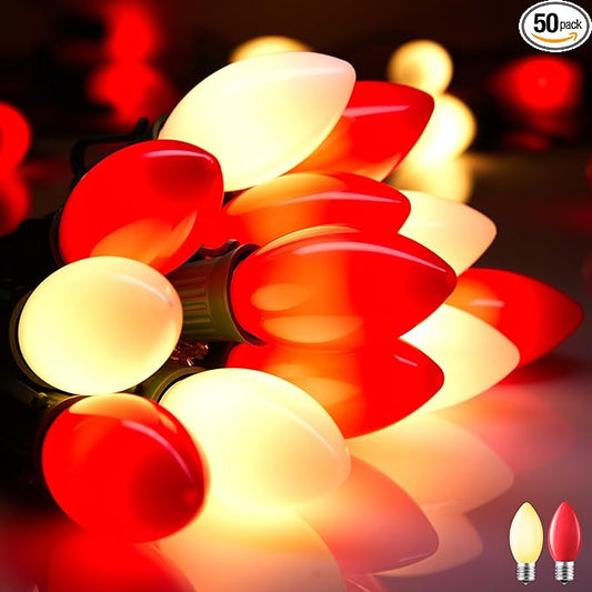 Vintage C9 LED Christmas Lights Outdoor, 50 Feet C9 String Lights with 50 Shatterproof Matte Bulbs, Connectable Waterproof Lights for Holiday Party Roofline Backyard Garden Patio, R & Warm White