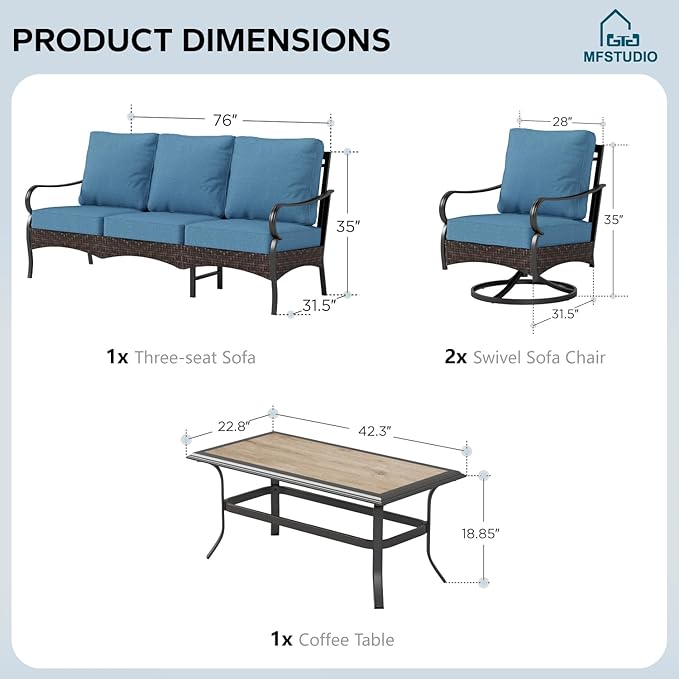 MFSTUDIO 4 Pieces Outdoor Patio Furniture Set, Metal Outdoor Conversation Set, Rattan Wicker Patio Sectional with 2 x Swivel Single Sofa, 3-Seat Sofa, 1 x Coffee Table, Navy Blue
