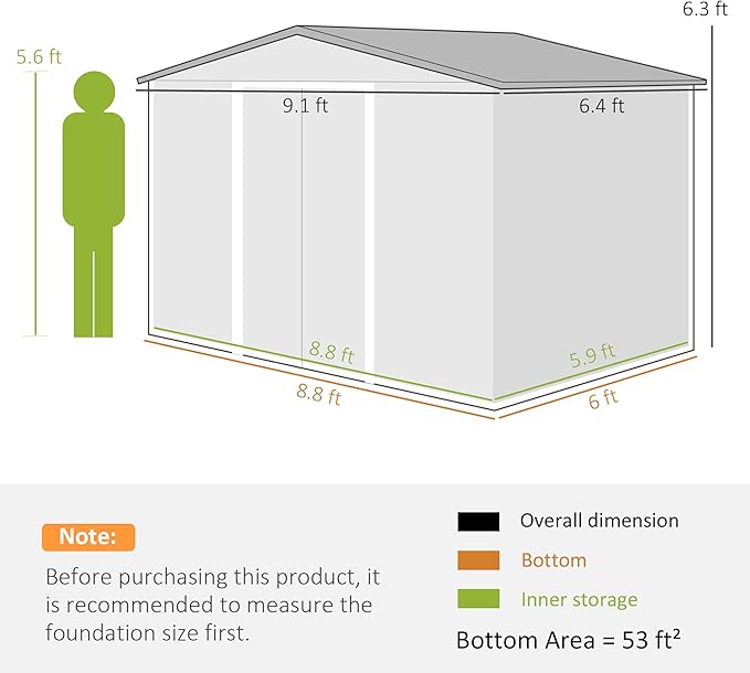 Outsunny 9' x 6' Outdoor Storage Shed, Garden Tool Metal Shed with Foundation Kit, Double Lockable Door, Air Vents and Sloping Roof, for Backyard, Patio, Lawn, Yellow