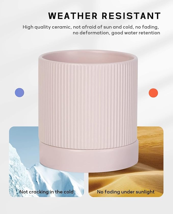 LaDoVita 3 Pack Ceramic Plant Pots 6/5/4 inch, Flowerpot for Indoor Plants with Drainage Holes and Tray, Outdoor Garden Planters, Modern Decorative for Home, Pink Vertical Stripes