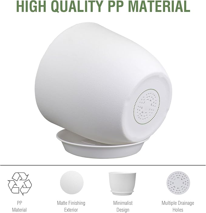 12 inch Large Plant Pots, Plastic Planters with Drainage Holes and Saucers, Flower Pots for Indoor Outdoor Plants, Modern Decorative Pots for Garden House Plants, White