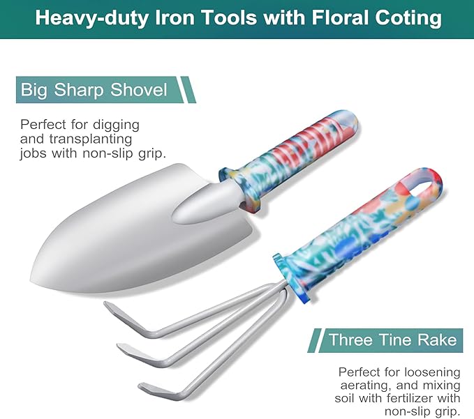 Garden Tool Set, Stainless Steel Heavy Duty Gardening Tools 30 PCS w/Floral Print, Trowel Rake Weeder Pruner Shears Sprayer Digging Claw Gloves, Ideal Gardening Set for Women