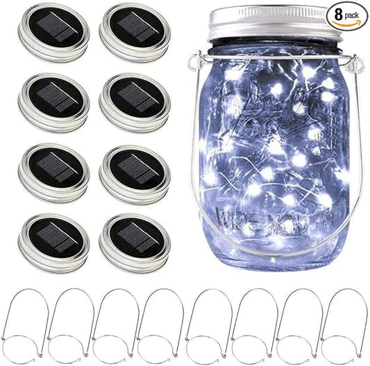 SunKite Solar Mason Jar Lights [Updated], 8 Pack 20 LED Waterproof Fairy Firefly Jar Lids String Lights with Hangers(NO Jars), Patio Yard Garden Wedding Decoration - Cool White