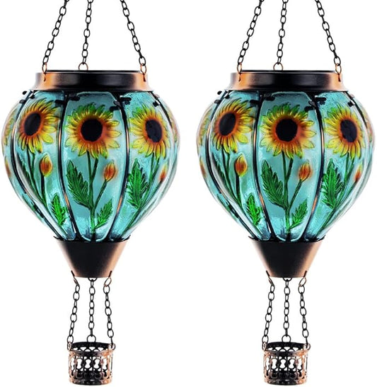 Starsoul 2 PC Sunflowers Hot Air Balloon Solar Lantern with Flame Glass Hanging Outdoor Hot Air Balloon Solar Light Waterproof Garden Patio Yard Party Decorations