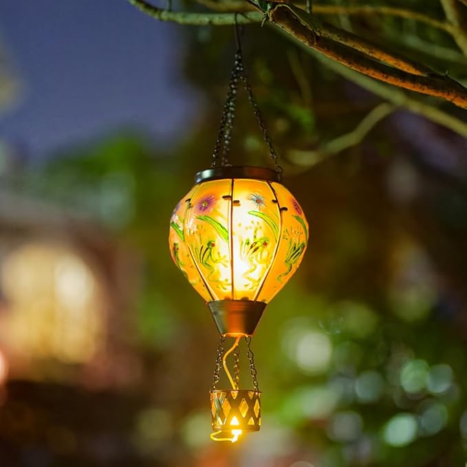 Starsoul Frog Hot Air Balloon Solar Lantern with Candle Holder Glass Outdoor Solar Hot Air Balloon Flickering Flame Lamp Hanging Garden Light Waterproof for Lawn Porch Tree Yard Decorations
