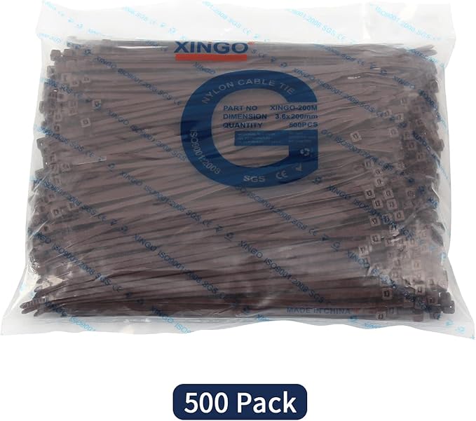 XINGO 8 Inch Brown Cable Zip Ties (500 Pack), 40 Lbs Tensile Strength-Heavy Duty, Self-Locking Nylon Plastic Nylon Wire Ties for indoor and outdoor use