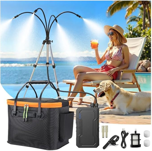 Portable Misting System with Standing, 6000mAh Water Cooling Misters Set for Outside Patio - 20L Bucket, 4.9FT(59IN) Adjustable Height for Outdoor, Beach, Pool, Water Playing, Sprinkler, Camping