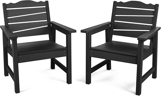 Patio Chairs Set of 2, Weatherproof HIPS Outdoor Dining Chair with Ergonomics Wide Seat, 400lbs Capacity Outdoor Chairs for Garden, Porch, Lawn & Backyard, Black