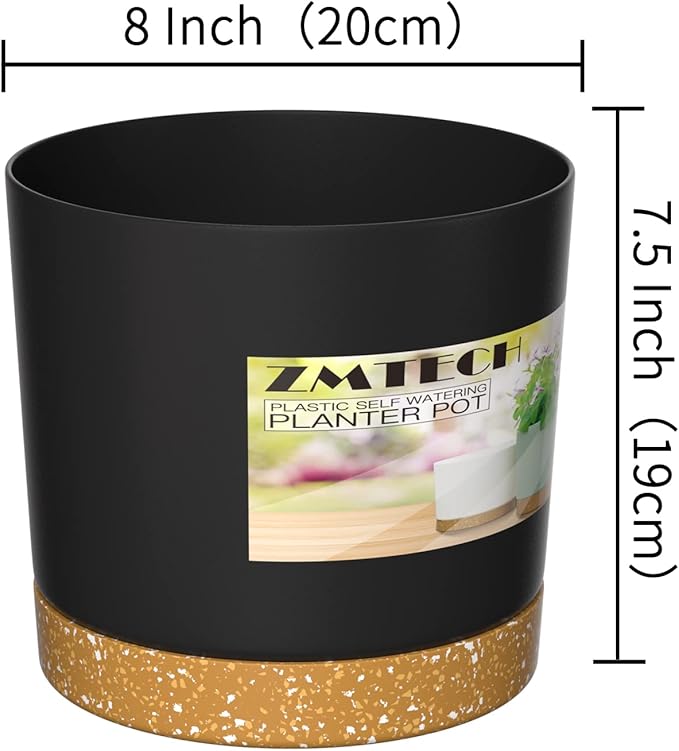 ZMTECH Plant Pots, Set of 3 8'' Self Watering Plastic Planter with Drainage Hole and Saucer, Modern Decorative Flower Pot for Indoor Outdoor House Plants, Succulents, Flowers - Dark Gray