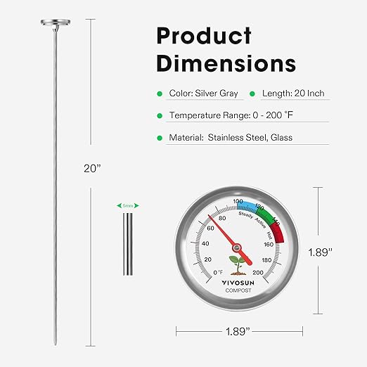 VIVOSUN Compost Thermometer, 20 Inch Backyard Soil Thermometer with Stainless Steel Dial for Composting Bins, Outdoor Gardening and Planting (0-200°F)