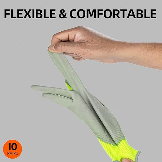 Vgo... 10-Pairs Safety Work Gloves, Gardening Gloves, Polyurethane Coated, Dipping Gloves, Latex Free (Size S, Yellow, PU2103)