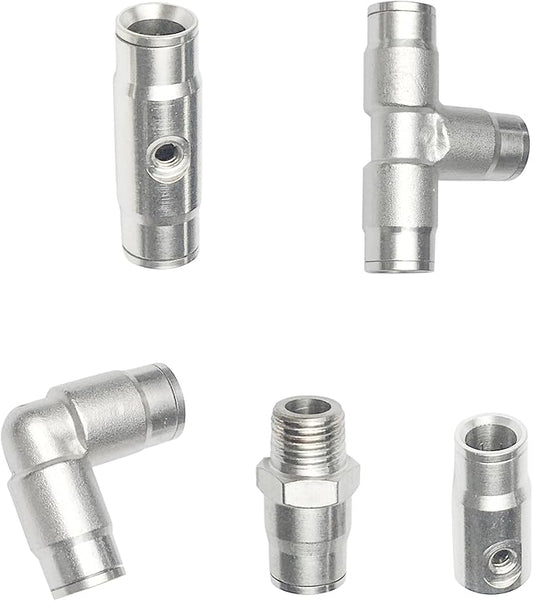 3/8" Brass Slip Connectors Kit for High Pressure Misting System – 5-Piece Brass Misting Nozzle Connectors (Straight, Elbow, Tee, 1/4" Male Lock, End) – 1500 psi