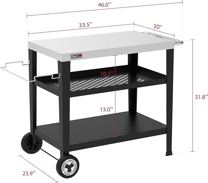 Royal Gourmet PC3404S Rolling Dining Table with Trash Bag Holder, Outdoor Garden Patio BBQ Kitchen Food Prep Table Cart, 34"L x 20"W Stainless Steel Tabletop, Silver & Black