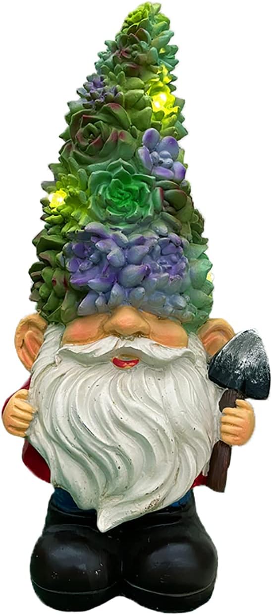 Solar Powered Gnome with Flower Hat and Shovel, Decorated Solar Light, Garden Decorations Statues, Garden Light Decor