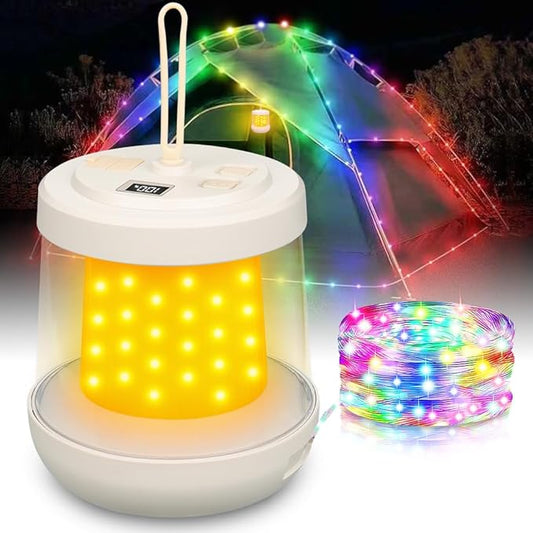 UniqueFire Portable 2-in-1 Camping Lantern & String Lights, Rechargeable LED Tent Lantern with RGB String Lights for Camping, Party, Garden & Yard Outdoor Decoration